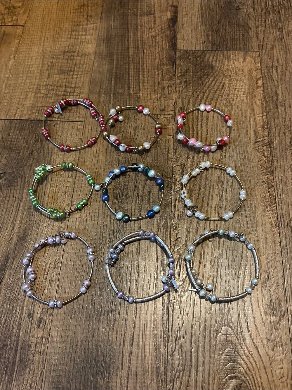 Set of 9 Beaded Stretch Bracelets - Multi-Color Pearl Accent